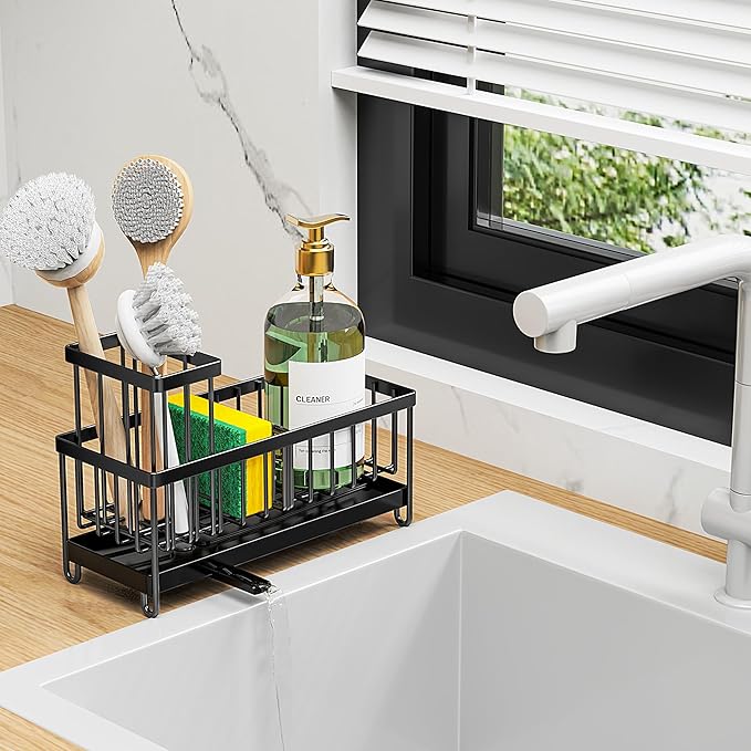 Cisily Black Sponge Holder for Kitchen Sink, Sink Caddy Organizer with High Brush Holder, Kitchen Countertop Organizers and Storage Essentials, Rustproof 304 Stainless Steel, Soap Dispenser Organize