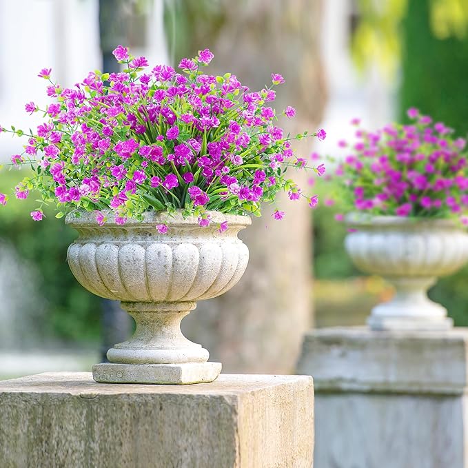 Sggvecsy Artificial Flowers for Outdoors 24 Bundles UV Resistant Boxwood Shrubs Artificial Eucalyptus Fake Plants Faux Plastic Greenery for Farmhouse Garden Home Indoor Outdoor Decoration(Magenta)