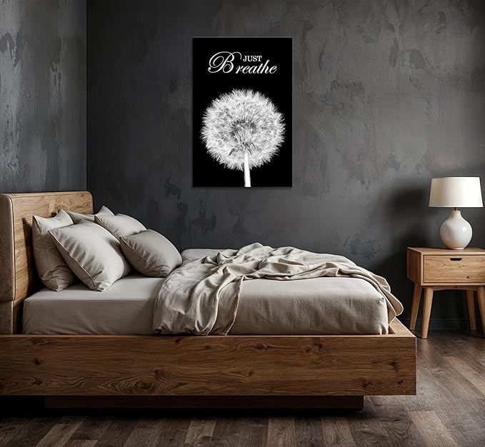 YIOZHAOFH Black Dandelion Picture Artwork Bedroom Decoration Just Breathe Canvas Painting Photo Relaxing Meditation Art Wall Decor Framed for Home Room Office (24L x 36W)