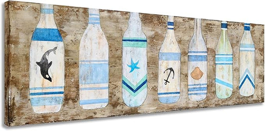 Yihui Arts Drift Bottle Canvas Wall Art - Rustic Coastal Painting for Farmhouse Living Room Decor
