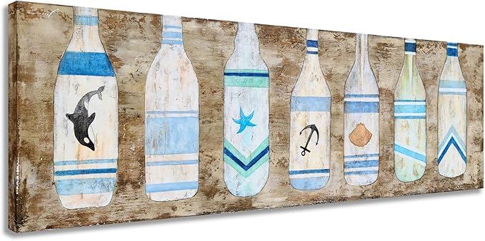 Yihui Arts Drift Bottle Canvas Wall Art - Rustic Coastal Painting for Farmhouse Living Room Decor