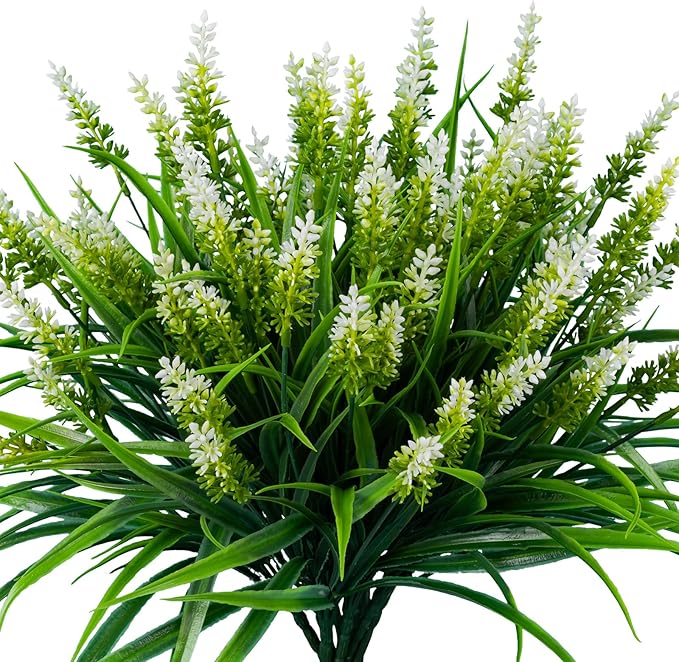 Artificial Flowers for Outdoor Plants 24 Bundles Fake Lavender Plastic Faux Monkey Grass for Verandah Window Garden Office Patio Front Porch UV Resistant for Planter(White)