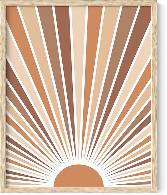 HAUS AND HUES Boho Art Prints Sun Wall Decor - Sun Art Print Boho Posters and Prints Wall Decor Rainbow Colored Sunshine Wall Art (Beige Framed, 16x20)