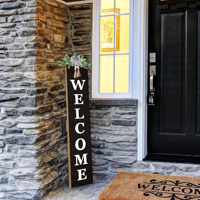 Outdoor Welcome Sign for Front Door Standing 47"X8" Large Farmhouse Wood Framed Tall Leaner Vertical Decor Rustic Home Outside Welcome Sign for Front Porch Decoration (Black)