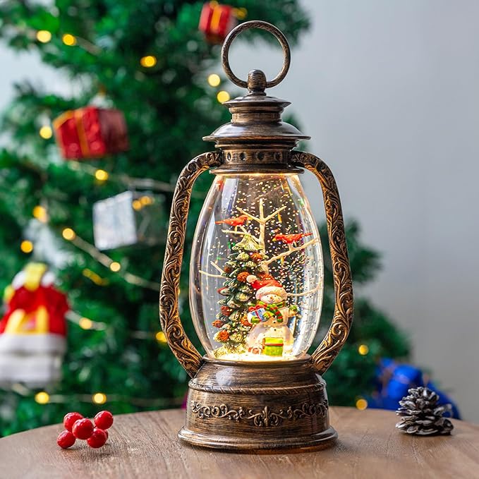 12'' Christmas Musical Snow Globe Lantern Spinning Water Glittering Snowman with Holiday Tree Scene, Battery & USB Powered Light for Home Decoration