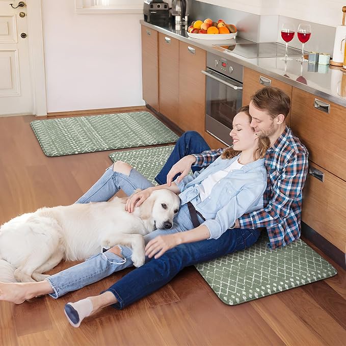 KIMODE Kitchen Anti Fatigue Mats, Green Farmhouse Kitchen Rugs Sets of 2, Memory Foam Kitchen Mats for Floor, Waterproof Standing Mat for Sink Laundry Office Desk 20"x47"+20"x32"