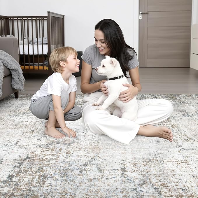 8x10 Area Rug Living Room Rug: Washable Modern Abstract Soft Thin Rug Indoor Floor No Slip Stain Resistant Carpet for Bedroom Dining Room Farmhouse Nursery Home Office - Brown Grey