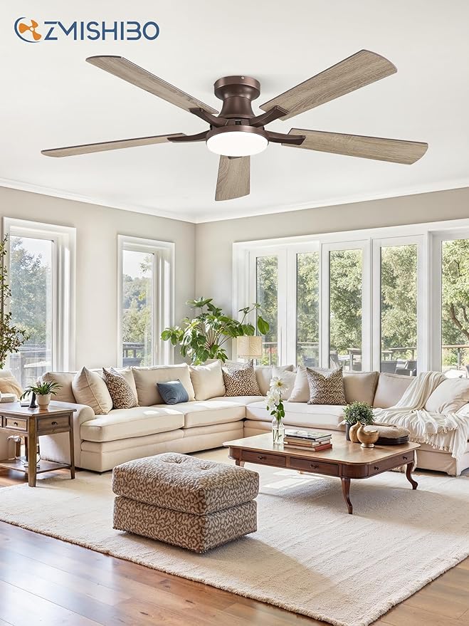 ZMISHIBO 52 Inch Ceiling Fan with Light, App&Remote Control, Flush Mount Low Profile, Dimmable 20W LED Light, Quiet Reversible Motor for Bedroom, Living Room, Apartment, Brown