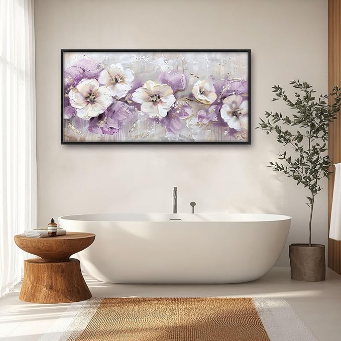 Large Wall Art for Living Room Framed, Purple Flower Wall Decor Pictures, Abstract Floral Canvas Print Painting, Aesthetic Artwork Bedroom Office Home Decor 60"x30"