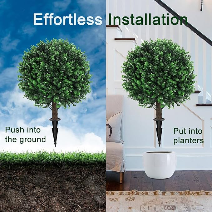 Artificial Green Boxwood Topiary Ball Bush for Outdoor with Spike, Set of 2 UV Resistant Faux Boxwood Ball Tree with Stake Weatherproof Fake Round Topiary Shrub Plant for Front Porch