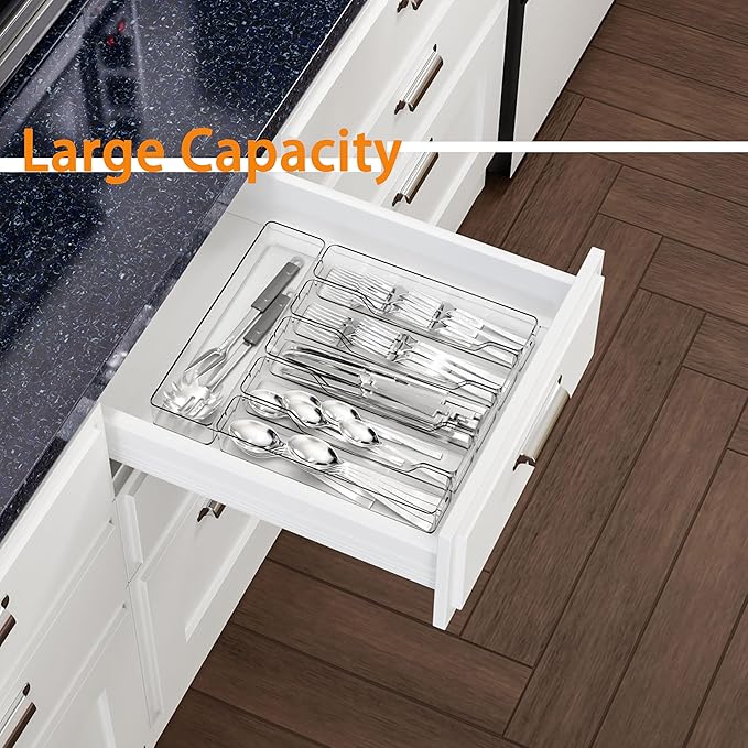 Silverware Drawer Organizer, Expandable Utensil Tray for Kitchen Drawers,BPA Free Flatware and Cutlery Holder,Adjustable Plastic Storage for Utensil like Spoons, Forks, Knives.Clear