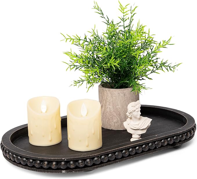 HPC Decor 15in Oval Tray for Home Decor - Black Wood Beaded Tray - Decorative Serving Tray,Rustic Farmhouse Wooden Trays for Vintage Centerpiece,Kitchen Counter,Living Room Decor,Coffee Table Decor.