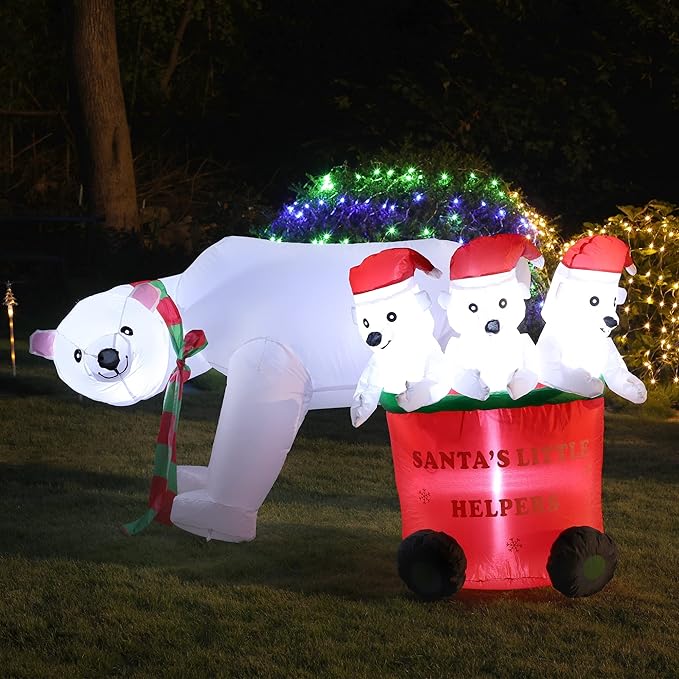 DR.DUDU 7 FT Christmas Inflatables Polar Bear with Santa Hat, Christmas Bear Blow up Outdoor Decorations for Lawn Garden Yard Xmas Holiday Party