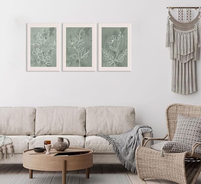 3Pcs Sage Green Botanical Wall Art Line Drawing Floral Canvas Poster Prints Modern Abstract Minimalist Picture Neutral Boho Artwork Simple Painting Wall Decor for Living Room Bedroom 16X24in Framed
