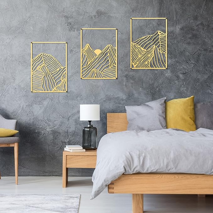 Peryiter 3 Pcs Metal Wall Art Decor Landscape Mountain Wall Hanging Decor for Living Room Abstract Minimalist Modern Mountain Line Pictures Summer Bathroom Office Home Gifts Indoor(Gold)
