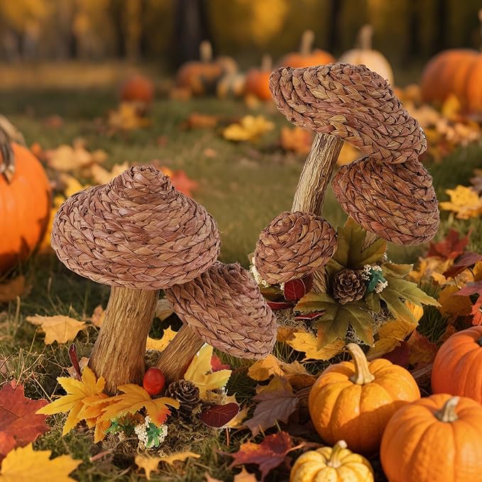 winemana 2 Pack Mushroom Fall Decor - Handmade Woven Mushrooms Figurines, Rustic Farmhouse Table Centerpieces for Thanksgiving, Autumn Home, Shelf & Kitchen Decor