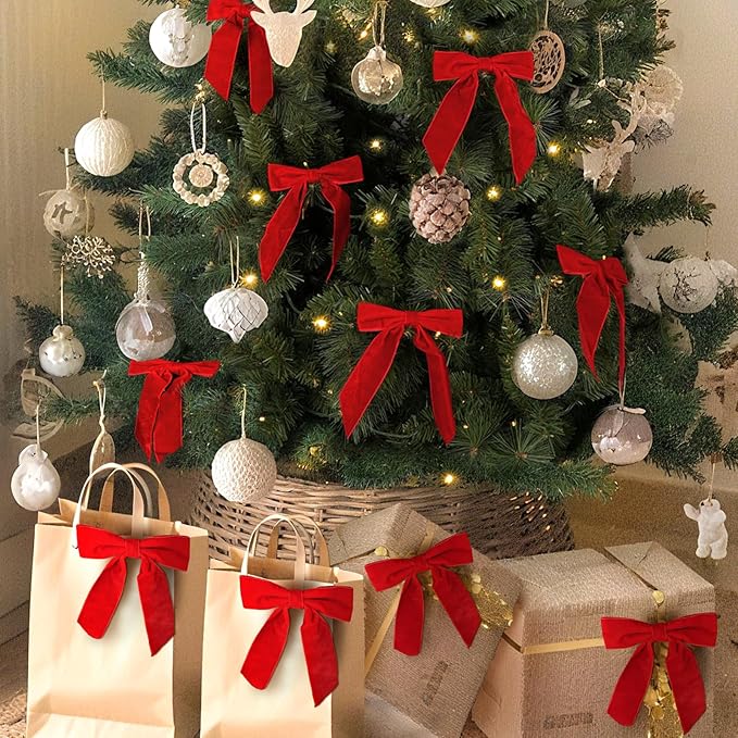 Christmas Decorations - Christmas Bows - 24 Pcs 7 x 6 inch Medium Red Velvet Bows for Christmas Tree - Burgundy Xmas Ribbon Ornaments - Home Decor for Wreath Garland Gift Wrapping Crafts Wedding Party