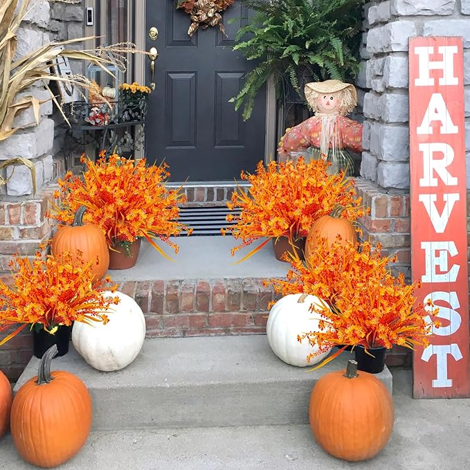 12 Bundles Artificial Fall Flowers for Outdoors Fake Plants UV Resistant Plastic Plants Shrubs Bushes for Home Fall Front Door Porch Garden Autumn Decor (Fall Orange)