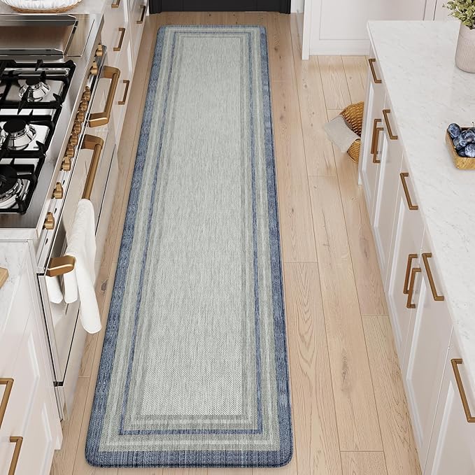 KIMODE Anti Fatigue Kitchen Mats 20"x71", Farmhouse Kitchen Rug Non Slip, Memory Foam Kitchen Floor Mats, Comfort Waterproof Kitchen Mat for Front of Sink Laundry Desk Bedroom Blue and Grey