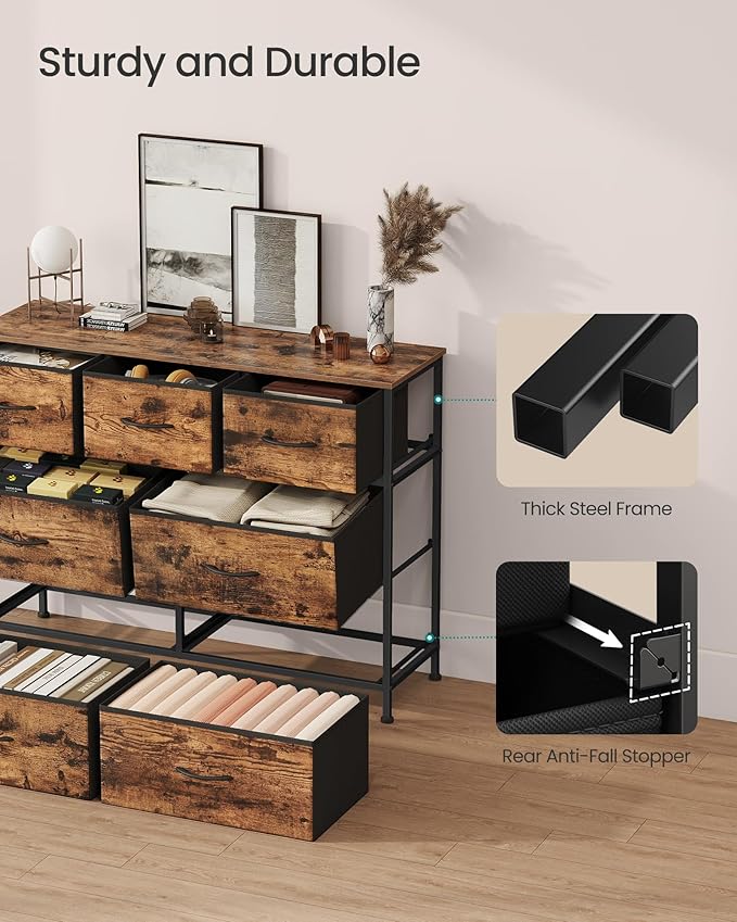 SONGMICS Dresser for Bedroom, Chest of Drawers, Steel, MDF, 7 Non-Woven Fabric Drawers, Storage Organizer Unit, Closet, Entryway, Rustic Brown and Ink Black ULGS323BH04