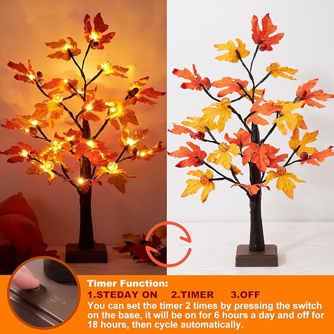 Fall Decor 2 Pack 24 Inch Maple Tree Lights - 48 LED Autumn Decorations with Pumpkins & Acorns, Timer, USB & Battery Powered - Thanksgiving Decorations for Home Table Indoor Fireplace