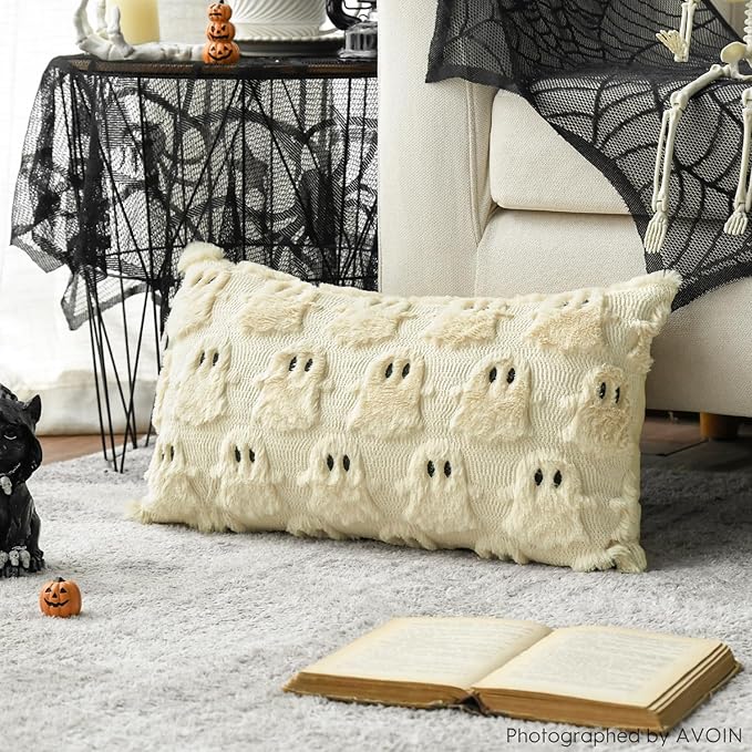 AVOIN colorlife Halloween Ghost Beige Throw Pillow Cover Set of 2, 12 x 20 Inch Soft Plush Faux Fur Jacquard Spooky Cushion Case Decoration for Sofa Couch