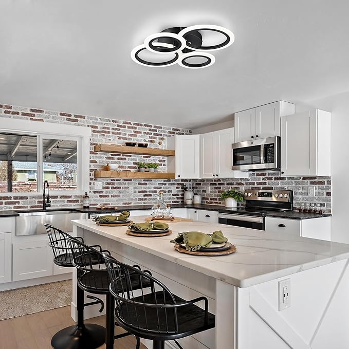 Modern LED Ceiling Light, Black 4 Rings Flush Mount Ceiling Light, 4000K Lighting Fixture Ceiling Lamp for Kitchen, Bedroom, Living Room, Laundry Room