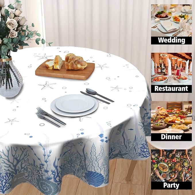 Summer Coastal Table Cloth Round 60 Inch Blue Ocean Coral Tablecloth Round Nautical Coastal Round Table Cloths Farmhouse Beach Theme Wallpaper Decoration for Home Kitchen Dining Room Party Picnic
