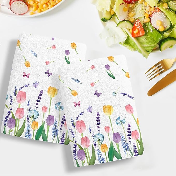 Seasonal Spring Summer Kitchen Towels Dish Towels Set of 2,Lavender Tulip Hand Towels 18x28 Inch Drying Dishcloth,Summer Holiday Dish Towels for Kitchen Bathroom Home Decor Housewarming Gifts