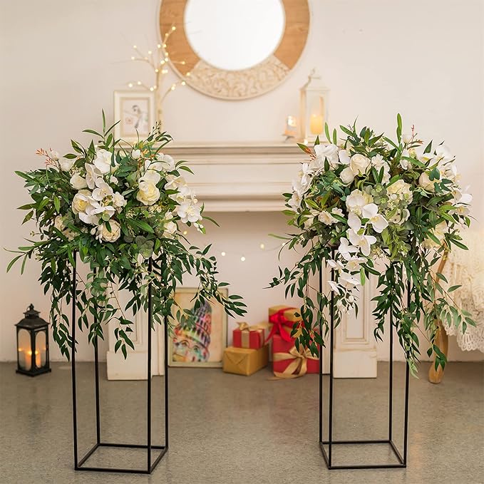 Sziqiqi Floor Vase Tables Centerpieces for Reception - 10 Pcs Metal Column Geometric Flower Stand with Plates 31.5in Black Tall Flower Display Rack Decorations for T-Stage Wedding Party Event Hotel