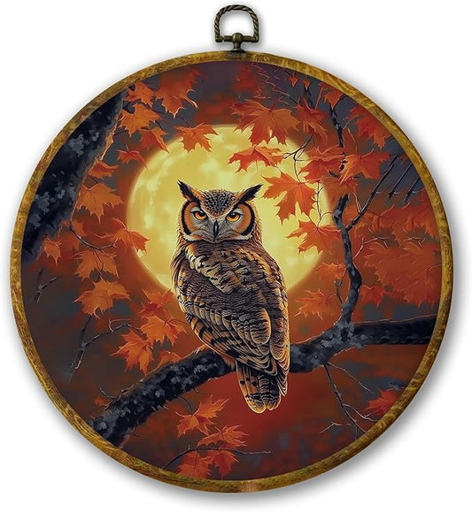 Mcehtle Moody Fall Owl Wall Art Decor, Mystical Owl Moon Autumn Spooky Woodland Scene Framed Canvas Prints 10x10, Rustic Cottagecore Nature Bird Round Wall Hanging Artwork Decorations for Gallery