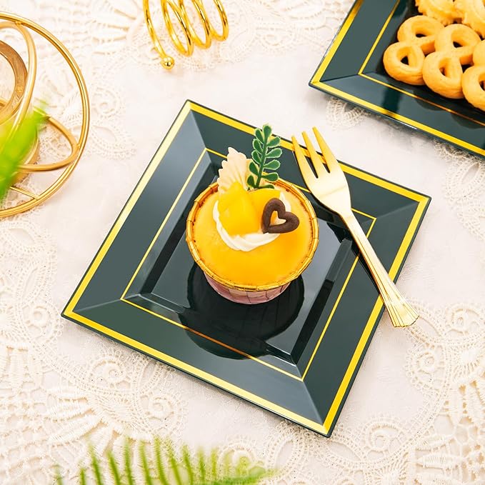 WDF 200PCS Green and Gold Plastic Dessert Plates with Plastic Forks -6’’ 100 Square Disposable Appetizer Plates Small Plates Cake Plates with Gold&100 Green Small Appetizer Forks for St. Patrick’s Day
