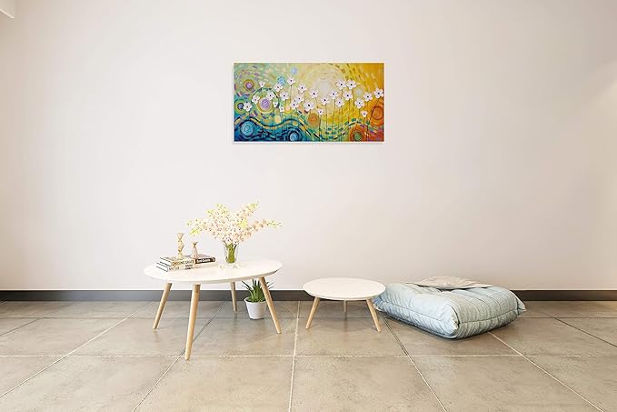 Yihui Arts White Flower Canvas Wall Art Hand Painted 3D Colorful Oil Painting Modern Aestheric Pictures for Living Room Bedroom Dinning Decoration