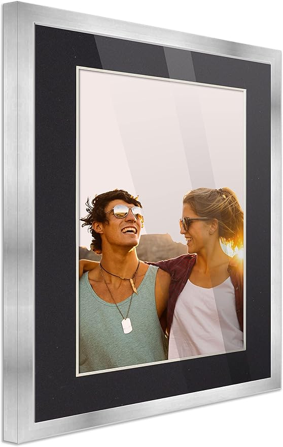 10x15 Frame Silver Wood with Black Mat | 12x17 Frame Matted to 10x15 | Display Your Photo Under UV Acrylic Shatter Guard Front, with Foam Board Backing and Wall Hanging Hardware - Solid Wood Frame
