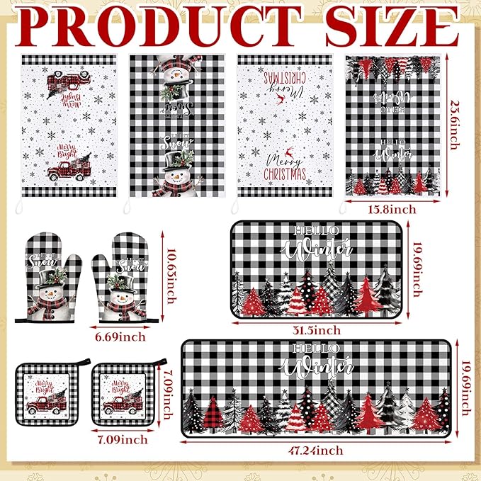 10 Pcs Christmas Kitchen Decor Sets, 4 Xmas Kitchen Dish Towels 2 Pot Holders 2 Oven Mitts Glove Buffalo Plaid Non Slip Rugs and Mats for Floor Home Christmas Decorations Accessories Gifts