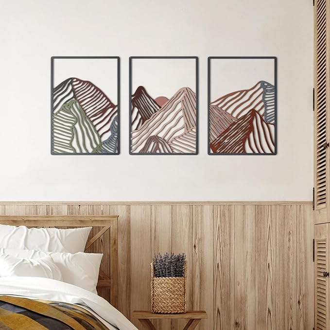 Peryiter 3 Pcs Metal Wall Art Decor Landscape Mountain Wall Hanging Decor for Living Room Abstract Minimalist Modern Mountain Line Pictures Summer Bathroom Office Home Gifts Indoor(Colorful)
