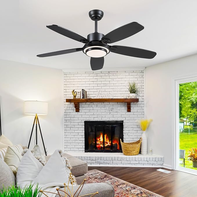 Ceiling Fan with Light and Remote/APP Control,50" Black Ceiling Fan with DC Reversible Motor, Quiet 6 Speeds Modern Flush Mount Ceiling fan Light for Bedroom,Dinnig Room,Indoor/Outdoor