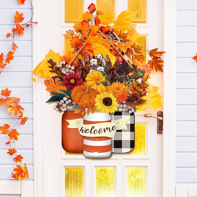 Spiareal Fall Decor Wood Fall Door Sign Pumpkin Thanksgiving Welcome Sign for Front Door Autumn Wooden Wreath Sunflower Porch Wall Art Farmhouse Rustic Outdoor Decorations