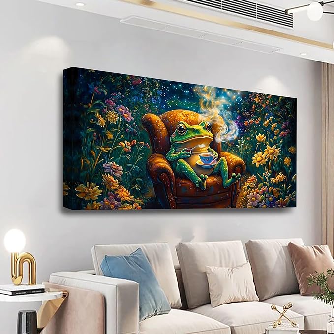 Garden Frog Sipping Tea Picture Print Canvas Wall Art Living Room Office Bedroom Wall Decoration Fantasy Wall Art Prints Modern Green Blue Landscape Artwork Waterproof Ready to Hang - 20x40 inches