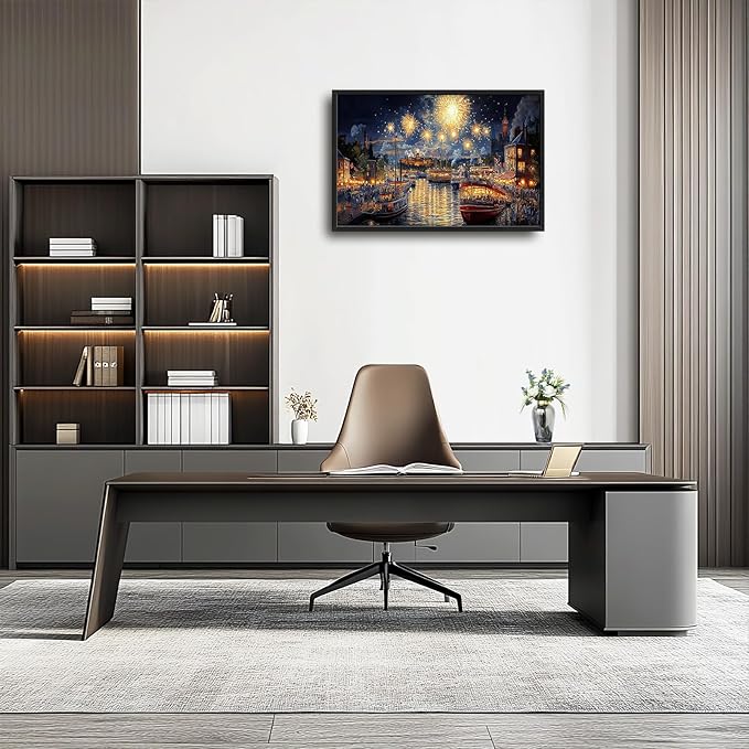 Framed Large Firework Night Sky Wall Art, Oversized European City Landscape Wall Decor for Living Room, River Boats Canvas Pictures Home Decoration for Living Room Bedroom Office 36"x24"
