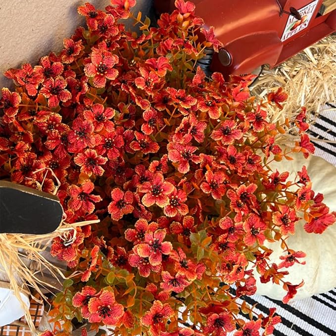 Artificial Flowers for Outdoor Indoor Garden Home Decoration, Faux Flower Daisy with Eucalyptus Leaves Fake Plants Greenery Boxwood Porch Patio, 12 Bundles (Fall Orange)