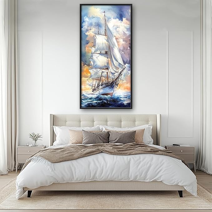 Lovira Nautical Sailboat Large Wall Art Sailing Ocean Coastal Canvas Wall Decor Seascape Pictures Prints Painting Framed Vertical Artwork for Living Room Bedroom Bathroom Kitchen Office 30"x60"