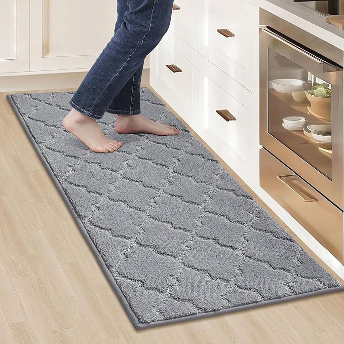 COSY HOMEER-Kitchen-Rugs 20"x48" Non-Slip Absorbent Soft Kitchen Runner Rug Polyester Kitchen Mats for Floor Washable Kitchen Standing Floor Mat for Sink Mat,Hallway,Laundry,Grey