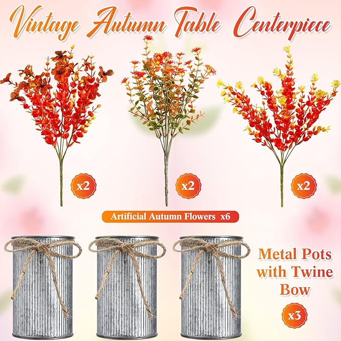 Zeyune 3 Sets Fall Thanksgiving Table Centerpiece Decoration Harvest Artificial Flower Stems Faux Fall Arrangement with Metal Pot for Autumn Rustic Farmhouse Home Kitchen Dining Indoor Decoration