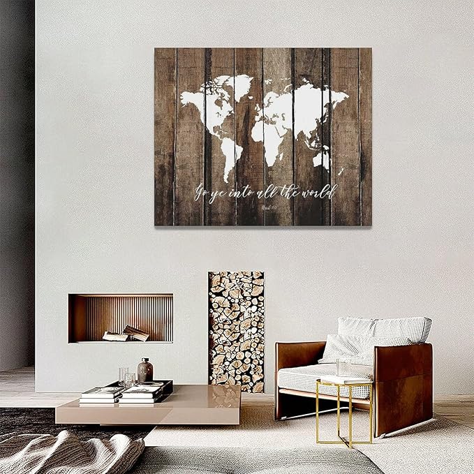 Large World Map Wall Art Rustic World Map Pictures Wall Decor Go Ye Into All The World and Preach The Gospel Canvas Painting Print Home Artwork Framed for Living Room Bathroom Master Bedroom 20"x16"