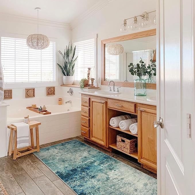 Lahome Modern Abstract Hallway Runner Rug 8ft, Washable 2x8 Rug Runners for Hallways Non Slip, Soft Bathroom Kitchen Runner Non Skid Carpet Runner for Entryway Laundry Bedroom RV, Blue/Grey