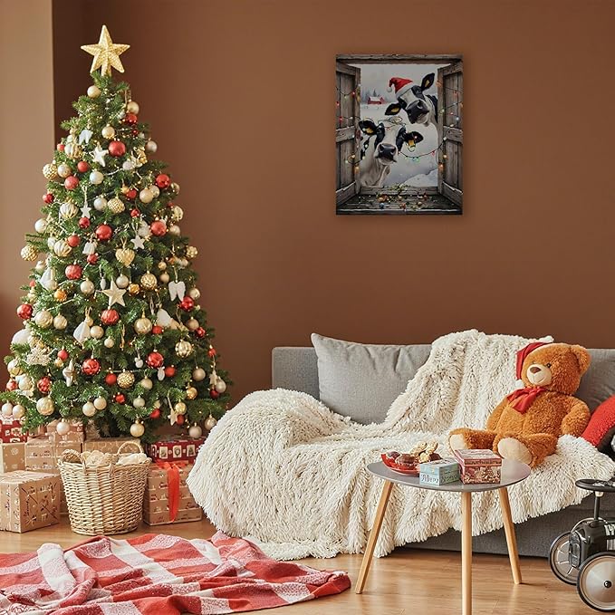 FITIE Funny Christmas Cow Canvas Wall Art Poster, Farmhouse Christmas Decor, Rustic Country Holiday Winter Farm Animal Framed Artwork Prints Wall Decor for Home Bedroom Living Room, 11x14 Inch