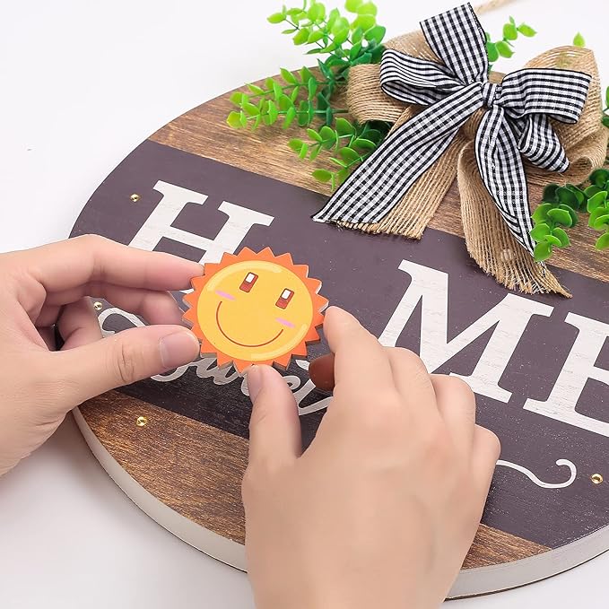 Interchangeable Welcome Sign for Front Door with 14 Changeable Icons, Farmhouse Front Porch Decor Rustic Wooden Wall Sign with 12 LED Lights, Outdoor Seasonal Welcome Home Decorations (Wood home1)