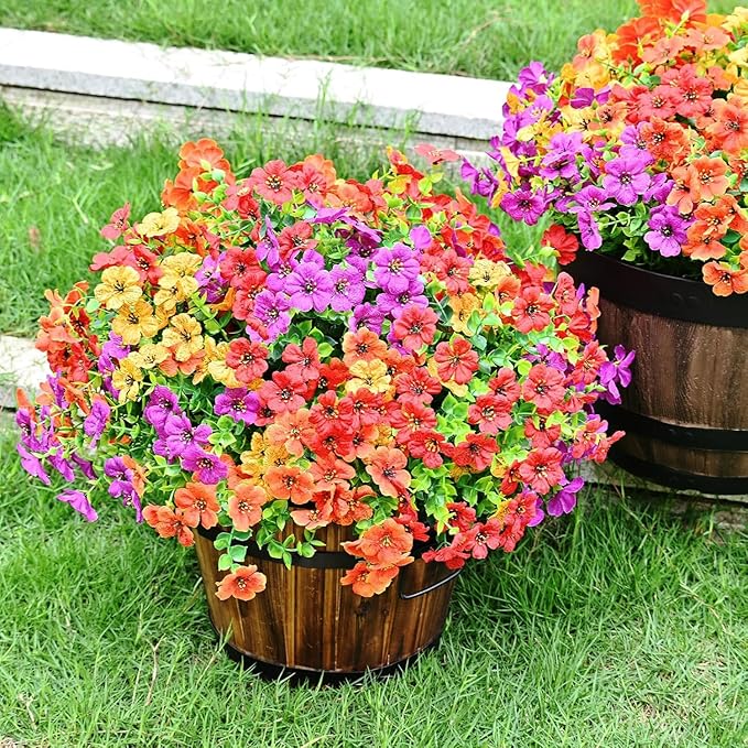 LADADA 12 Bundles Fake Plants Flowers Outdoor Spring Summer Decor,Faux Silk Colorful Daisy Realistic UV Resistant for Outside Home,Used for Courtyard, Yard, Porch Decoration(Purple Yellow Orange Red)