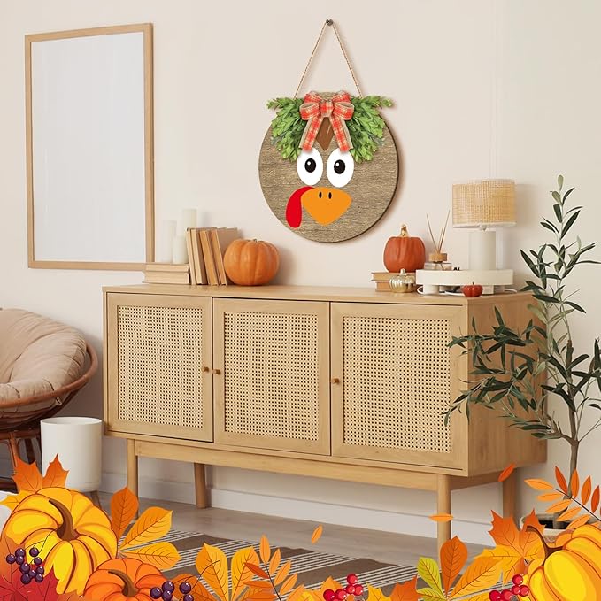 Boao 12 Inch Thanksgiving Door Decoration Turkey Wooden Sign for Front Door Decor Thanksgiving Sign with Bow Wall Art Hanging Wreath Decorations for Harvest Home Outdoor Farmhouse Porch Hanger